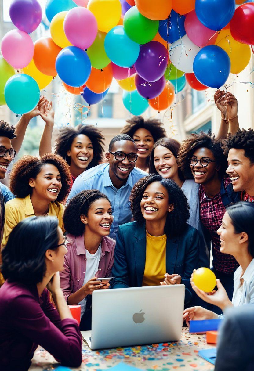 A vibrant, bustling digital community scene depicting diverse individuals engaging cheerfully in a network, exchanging ideas and celebrating connections. Include colorful balloons and confetti in the background to reflect joy and excitement. The setting should be bright and lively, showcasing elements of technology and social interaction. super-realistic. vibrant colors. friendly atmosphere.