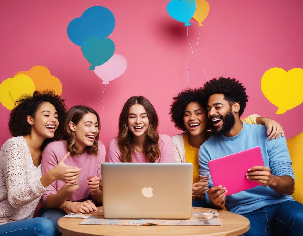 A vibrant online community scene featuring diverse people joyfully interacting through laptops and smartphones, surrounded by colorful speech bubbles filled with positive messages. Bright, uplifting colors convey a sense of friendship and optimism, with elements like hearts and thumbs-up icons enhancing the joyful atmosphere. Soft, friendly lighting to evoke a feeling of openness and warmth. super-realistic. vibrant colors.