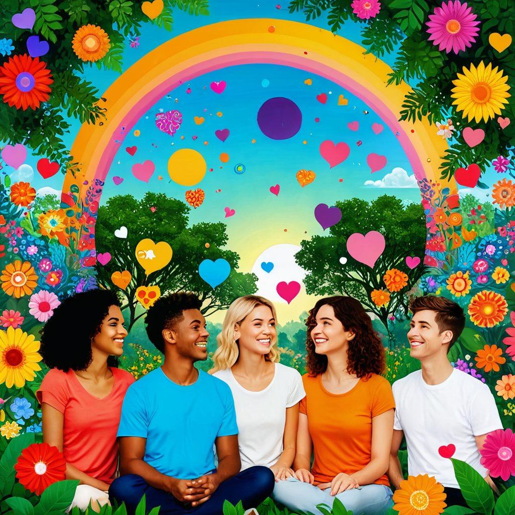 A vibrant digital landscape depicting a diverse group of people engaging joyfully in an online community. Mandalas of colorful chat bubbles and hearts swirling around them, symbolizing support and connection. Lush greenery and bright flowers in the background, representing growth and positivity. The scene radiates warmth and excitement. colorful illustration. vibrant colors. 3D.